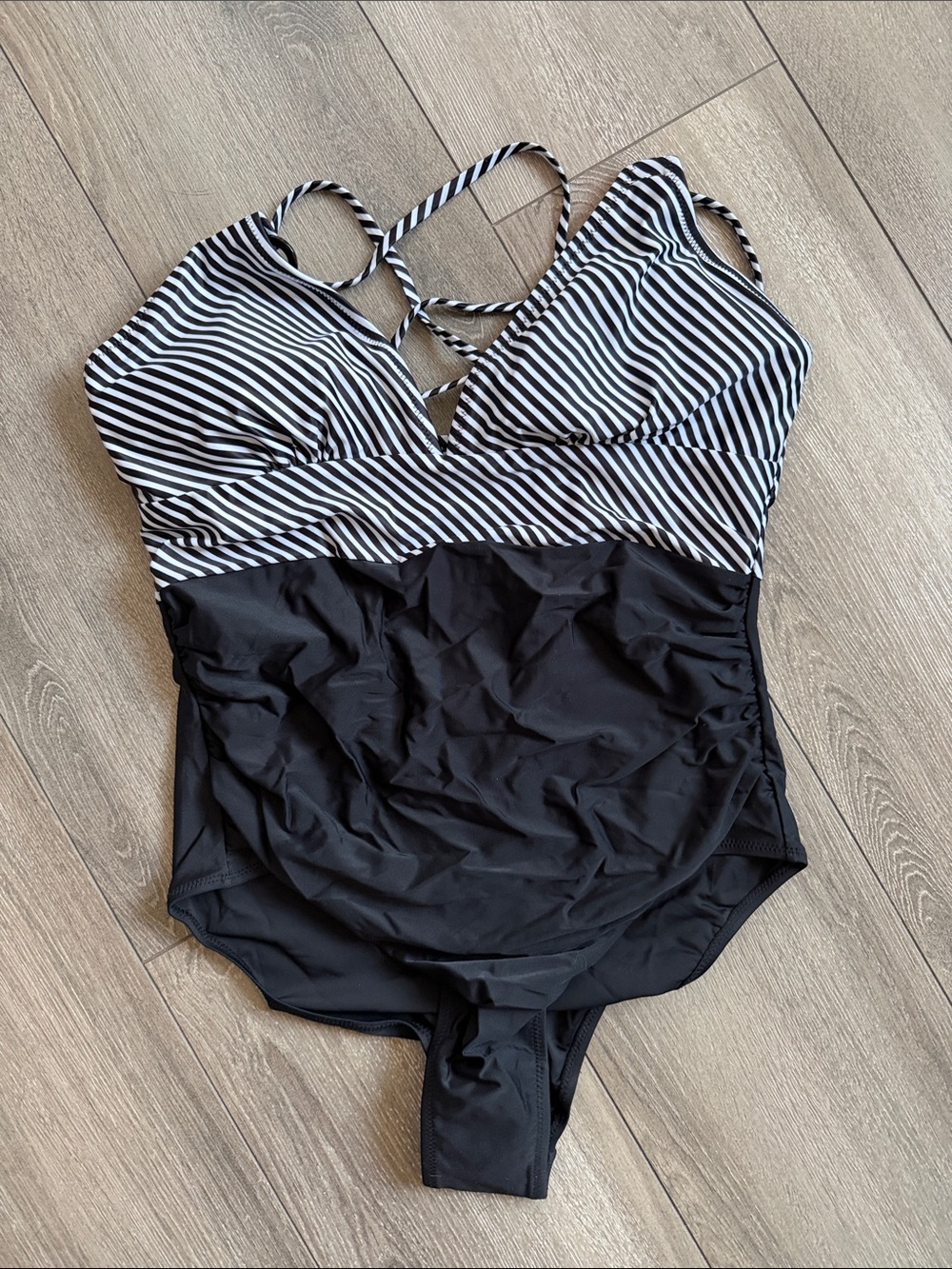 Black & White Striped V-Neck One-Piece Swimsuit